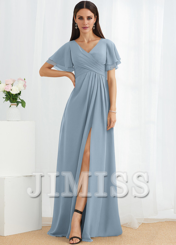 Abito da damigella d'onore in chiffon lungo fino al pavimento, con scollo a V e linea ad A