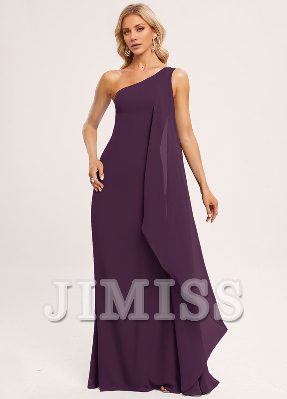 Vestido de dama de honor de gasa con volantes, corte A, un hombro al aire y largo hasta el suelo