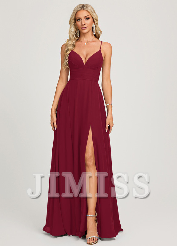 Abito da ballo in chiffon lungo fino al pavimento, plissettato e con scollo a V, a trapezio