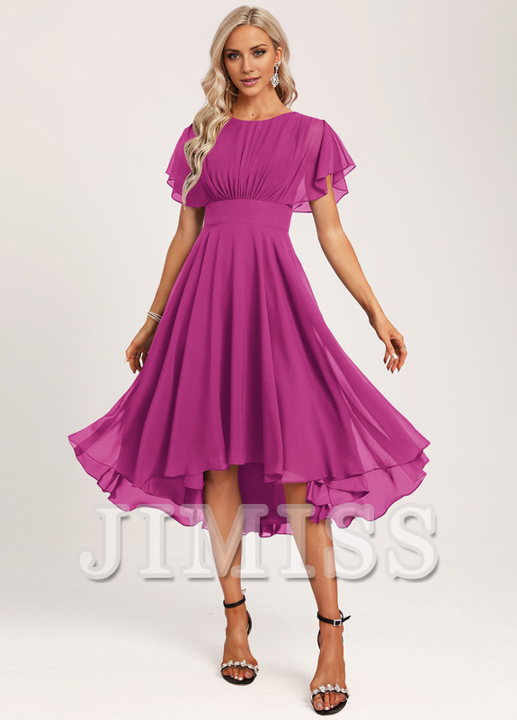 Vestido de dama de honor asimétrico de gasa con volantes, corte A y cuchara