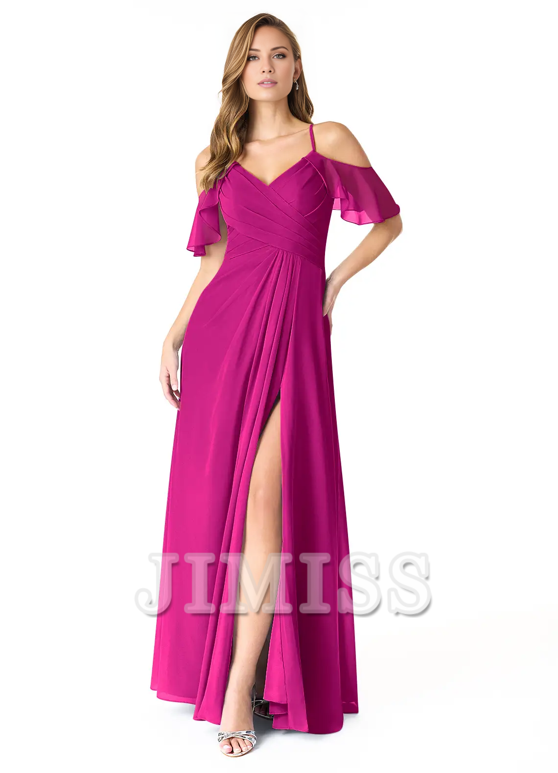 Vestido de dama de honor de gasa plisada con escote en V, corte A, abertura lateral y largo hasta el suelo - Vestido Jimiss 