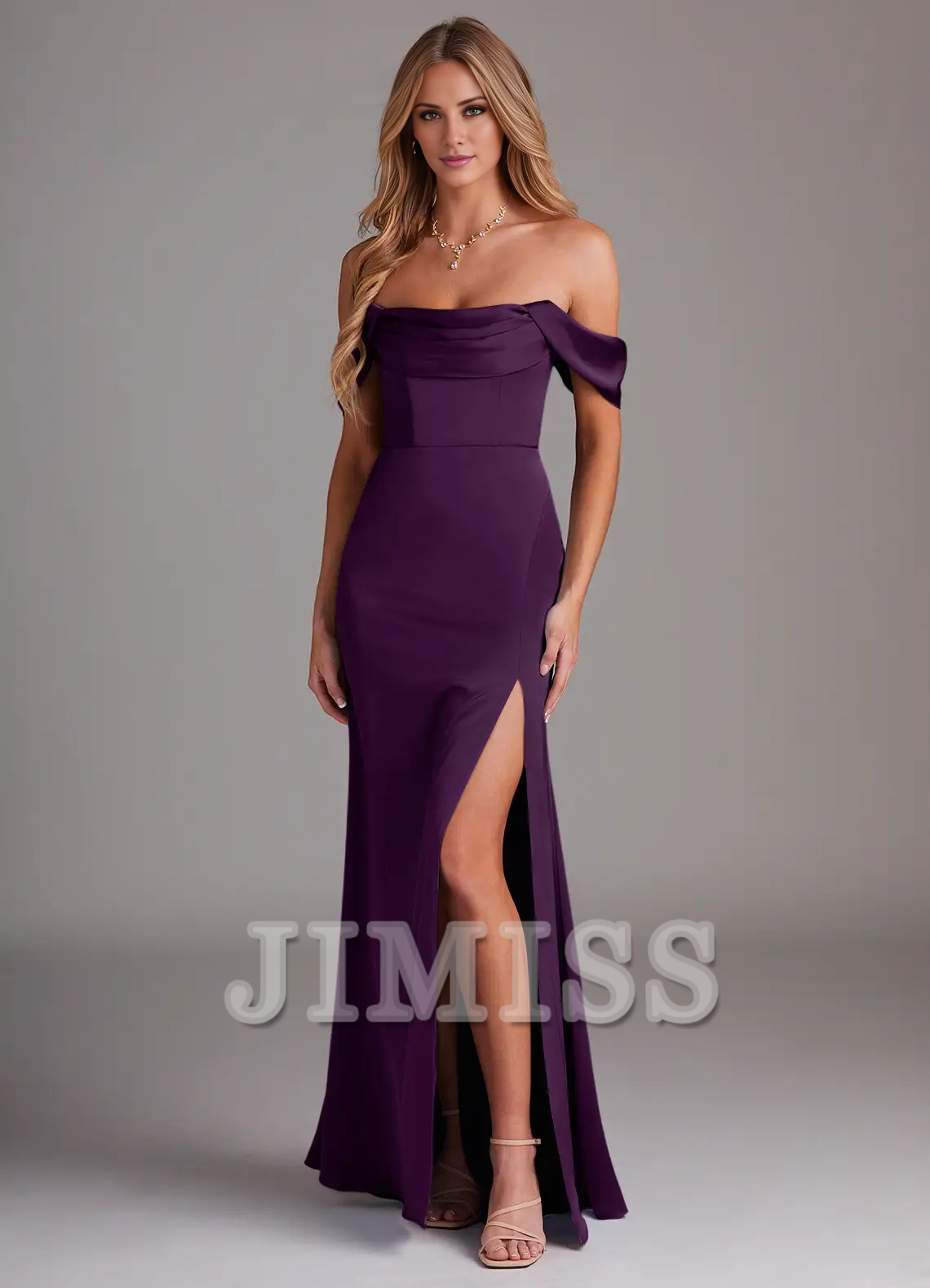 Vestido de dama de honor de satén con abertura lateral y hombros descubiertos, largo hasta el suelo - Vestido Jimiss 
