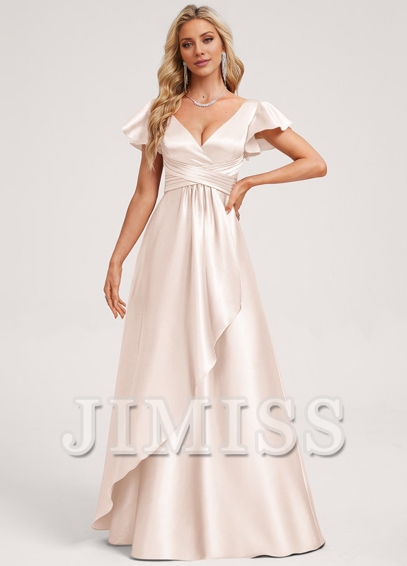 Vestido de dama de honor de satén con volantes, escote en V y largo hasta el suelo
