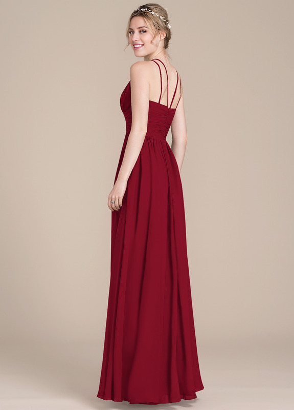 Vestido de dama de honor de gasa con escote redondo y corte A con diseño de hojas de loto