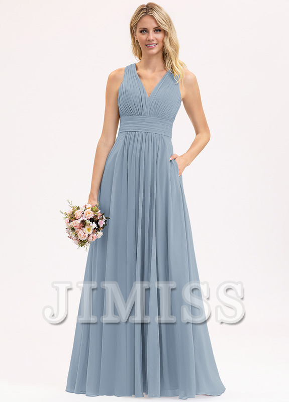 Vestido de dama de honor de gasa con escote en V, largo hasta el suelo y lazo con volantes