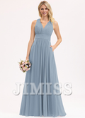Dusty Blue Chiffon A-Line Bridesmaid Dress with V-Neck and Pockets