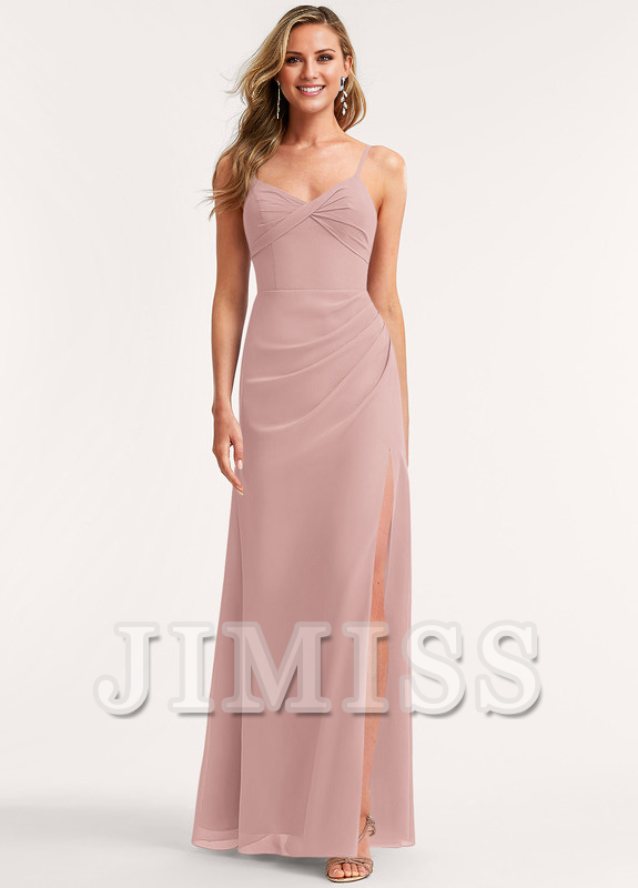 Abito da damigella d'onore in chiffon lungo fino al pavimento, con scollo a V e linea ad A