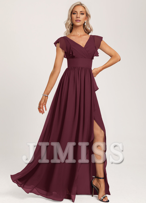 Vestido de dama de honor de gasa con volantes, escote en V y largo hasta el suelo