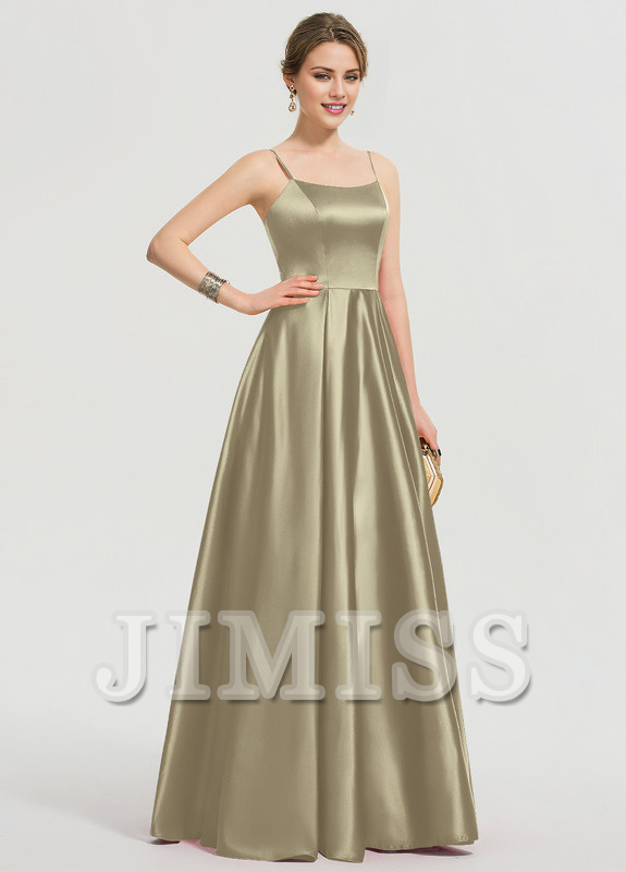 Vestido de fiesta largo hasta el suelo de satén con escote en A y corte cuadrado