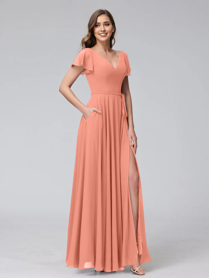 Satin Short-Sleeve V-Neck Ruched Bodice High-Slit A-Line Floor-Length Burgundy Romantic Bridesmaid Dress