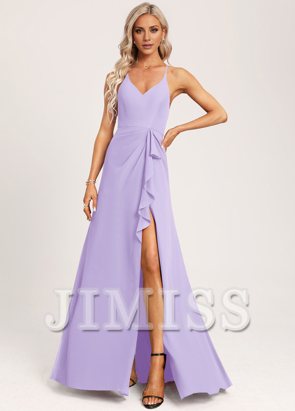 Vestido de dama de honor de gasa con escote en V y corte A