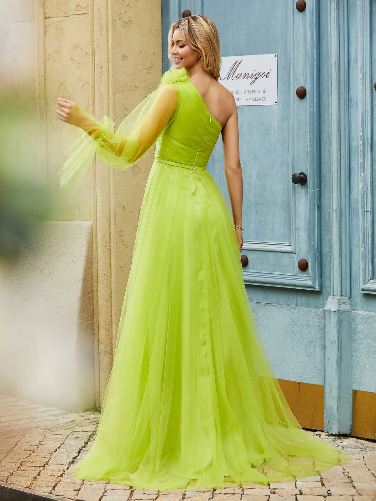 Green Tulle A-Line One Shoulder Floor-Length Dress for evening-party & prom