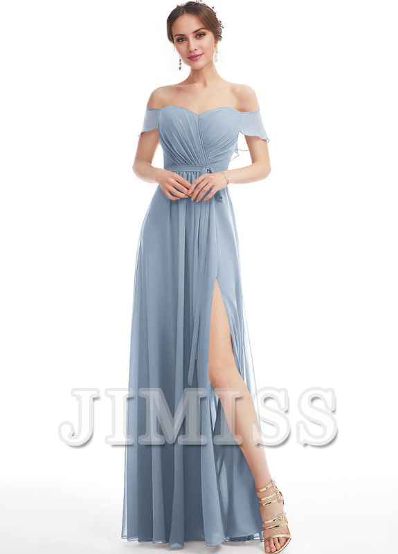 Dark Navy Chiffon A-Line Bridesmaid Dress | Sweetheart Neckline & Off-the-Shoulder Sleeves