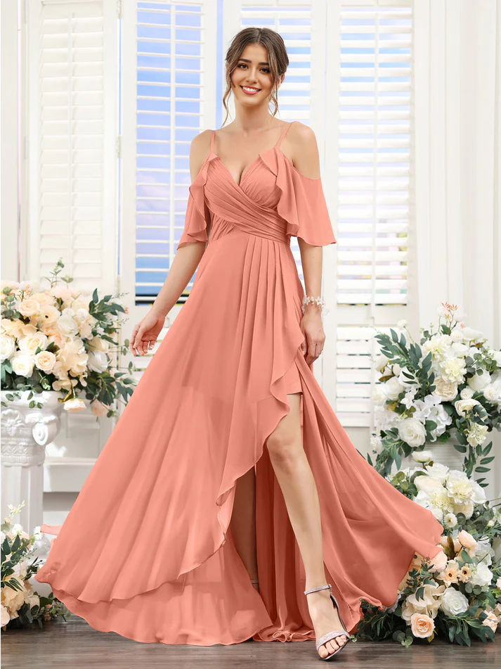 Chiffon Cold-Shoulder Spaghetti-Strap Ruched Bodice High-Low Floor-Length Romantic Bridesmaid Dress