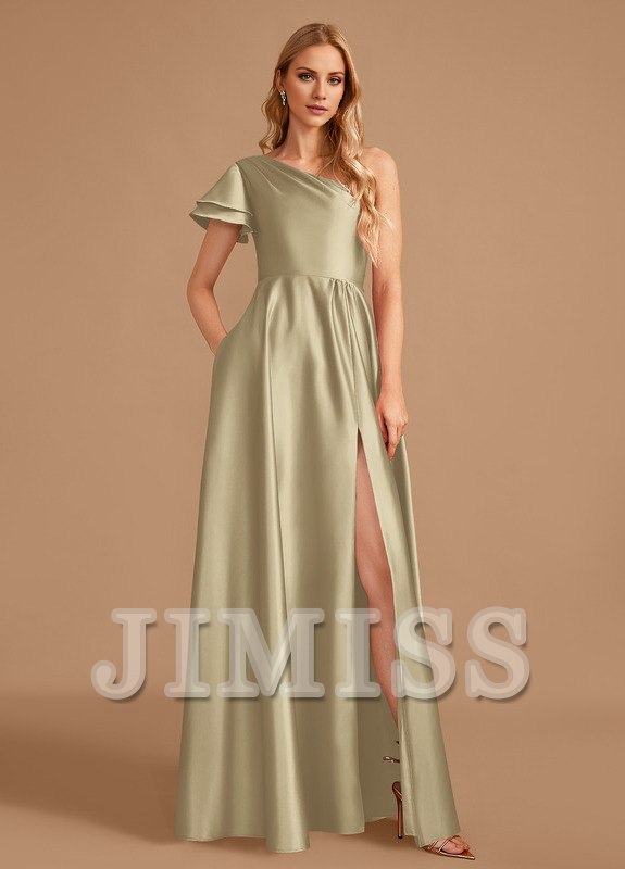Abito da damigella d'onore in raso, monospalla, lungo fino a terra, a trapezio