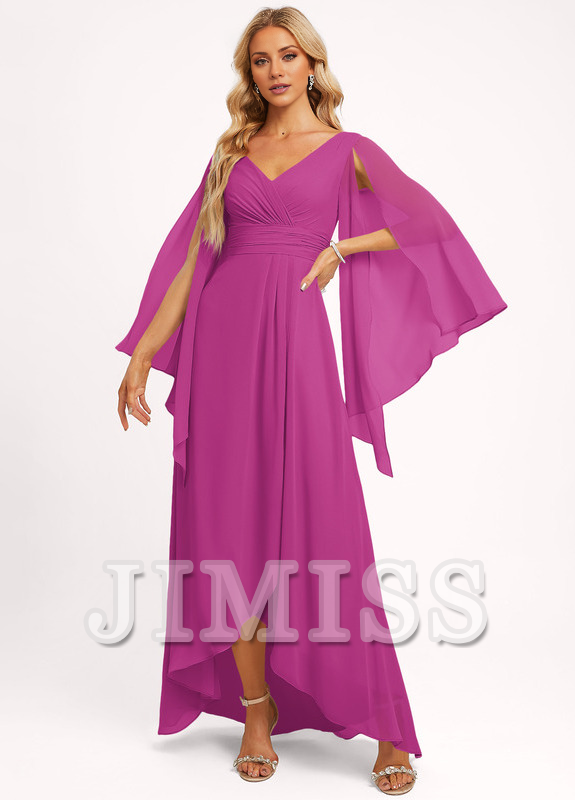 Vestido de dama de honor asimétrico de gasa con escote en V y volantes en forma de A