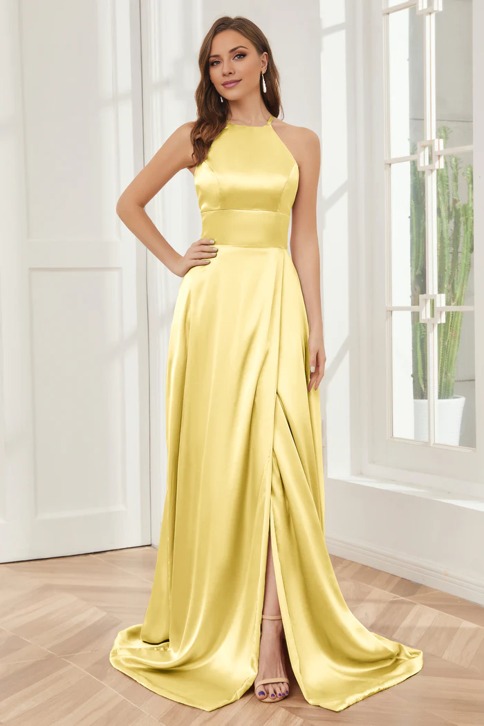 Vestido de dama de honor largo hasta el suelo de satén suave con escote de columna