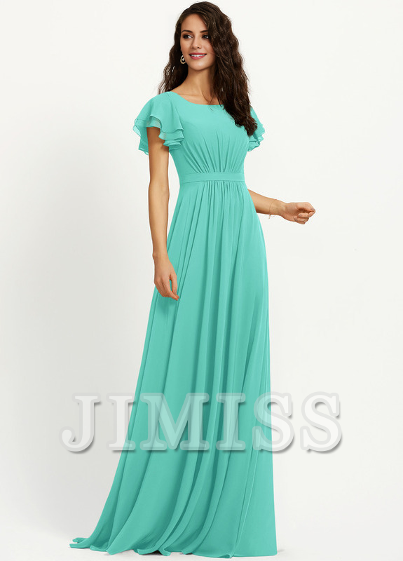 Vestido de dama de honor de gasa con escote redondo y volantes en forma de A