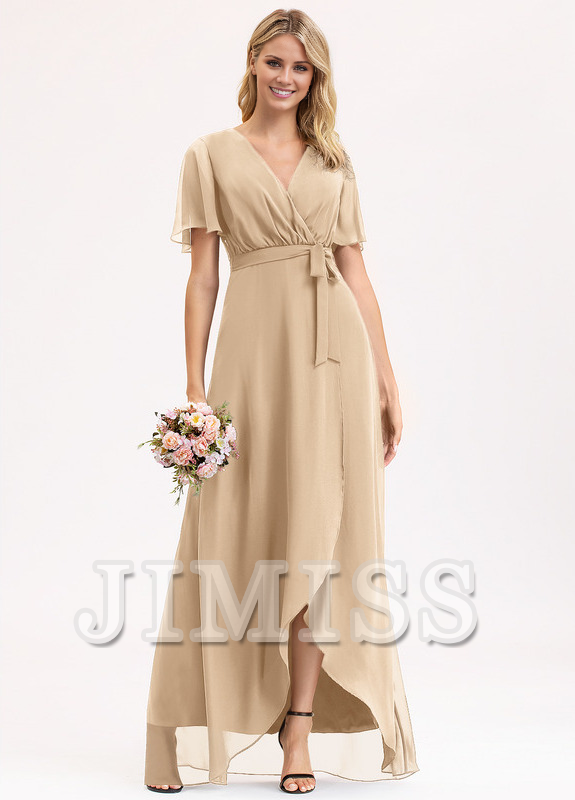 A-line V-neck asymmetric bow pleated chiffon bridesmaid dress
