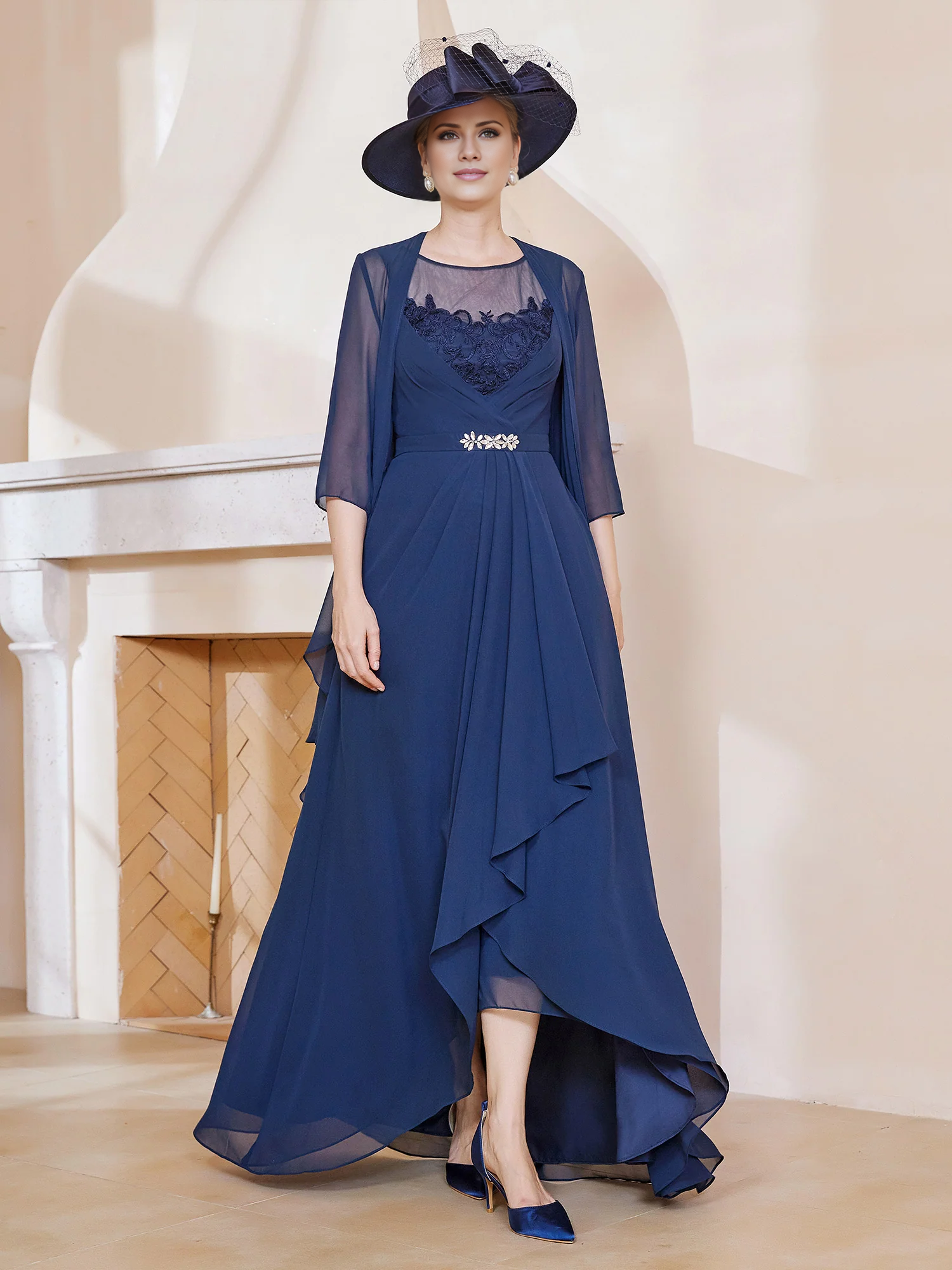 Illusion Neck Dark Navy Chiffon A-Line High-Low Dress with Draped Skirt