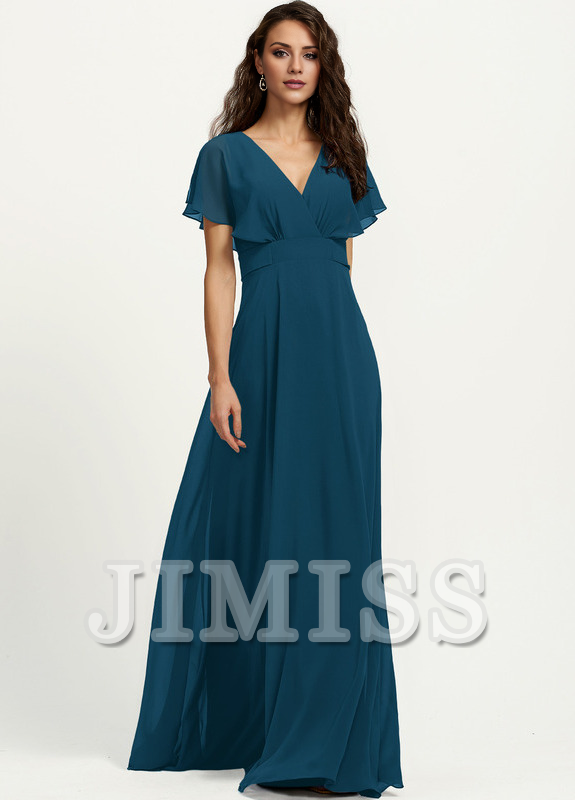 Dark Navy Chiffon A-Line V-Neck Floor-Length Bridesmaid Dress