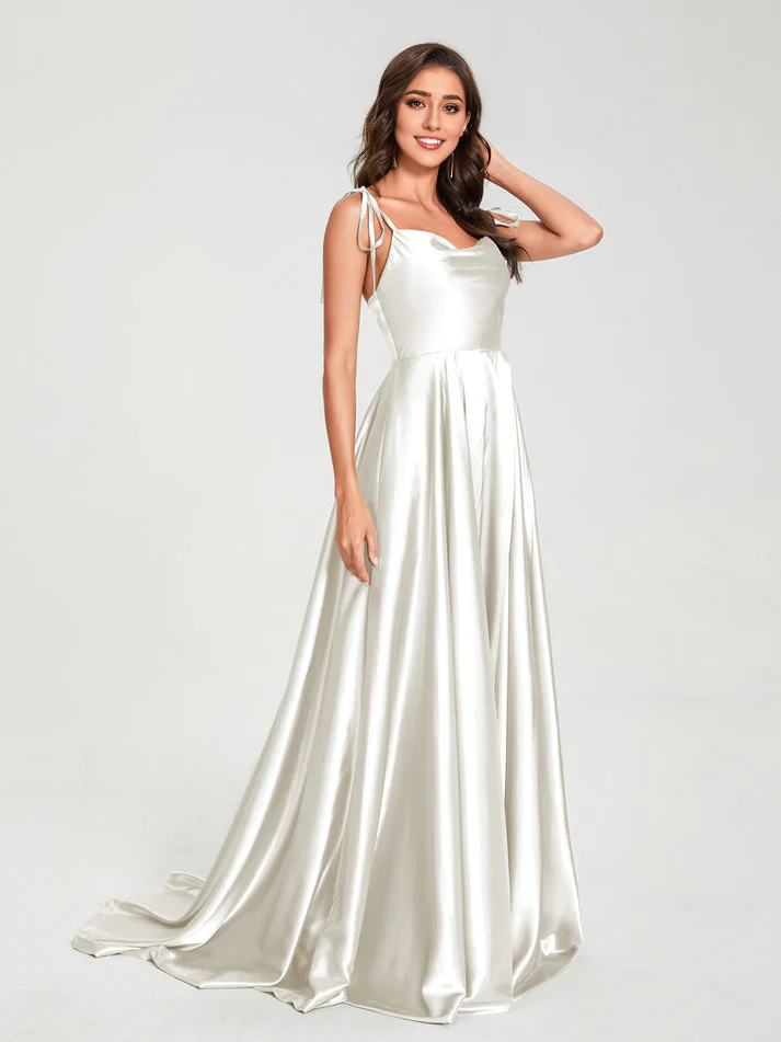Satin Spaghetti-Strap V-Neck Ruched Bodice Train A-Line Floor-Length Luxe Bridesmaid Dress