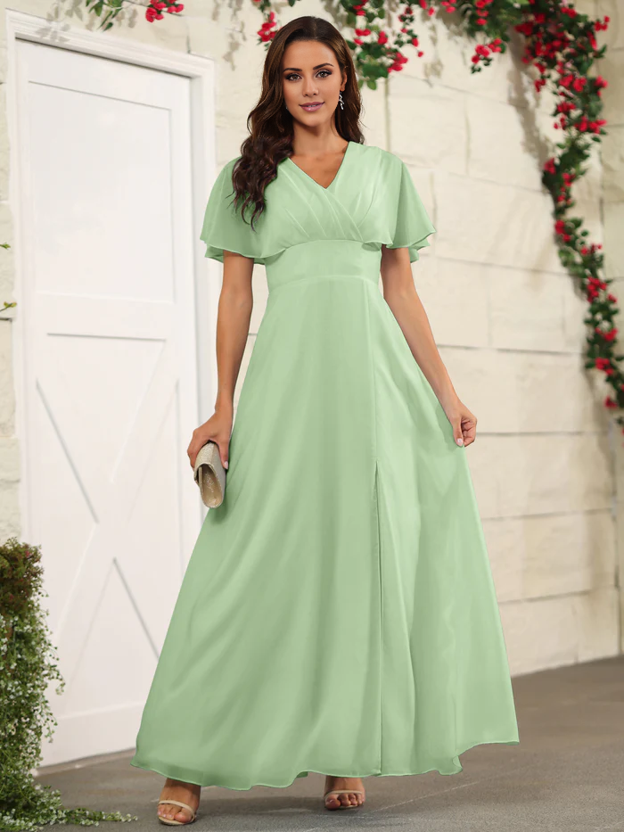 Chiffon short sleeved V-neck slit and floor length bridesmaid dress