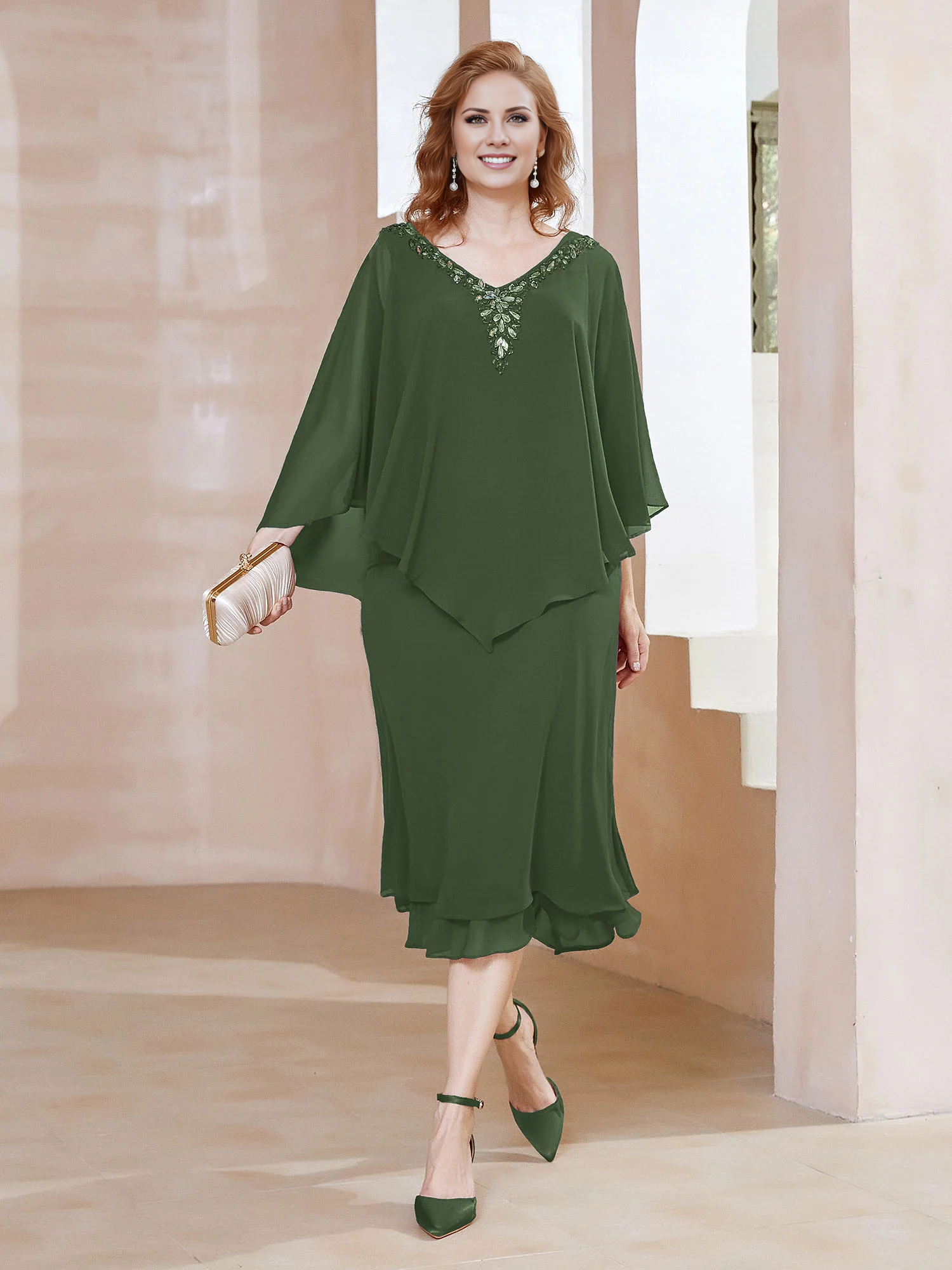 Olive Green Chiffon Knee-Length Dress with Cape Overlay & Beaded V-Neck