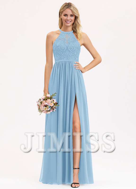 Abito da damigella d'onore in chiffon e pizzo, a trapezio, con scollo a barchetta e lunghezza al pavimento