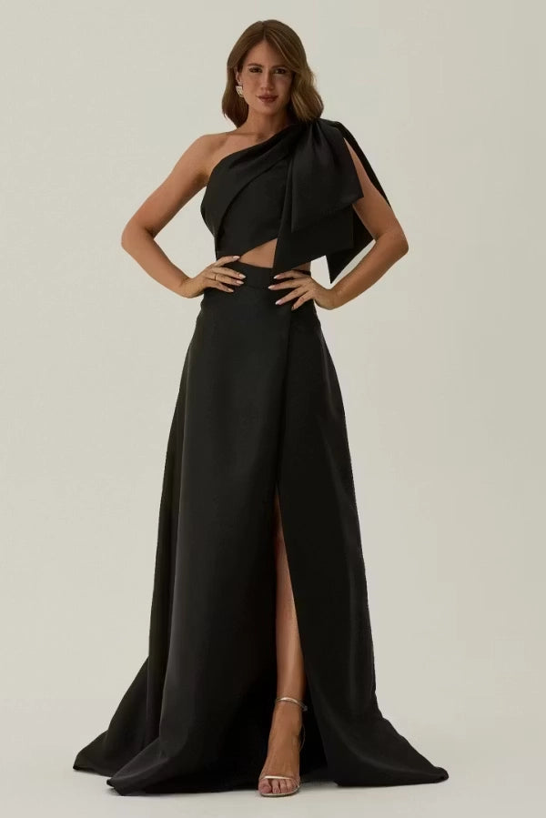 Chic A-line One Shoulder Single Sleeve Open Back Long Prom Dress