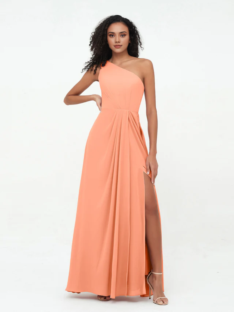 Olive Green Chiffon A-Line Floor-Length One Shoulder Dress with Draped Bodice and High Slit