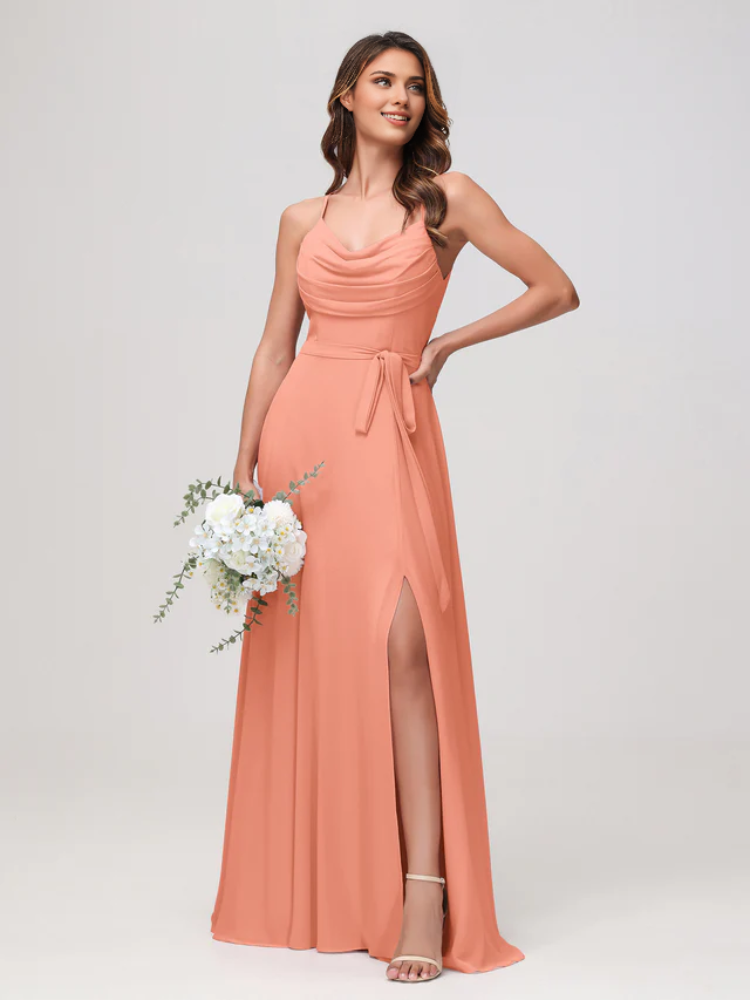 Chiffon Spaghetti-Strap Sweetheart Neckline Ruched Bodice High-Slit A-Line Floor-Length Bridesmaid Dresses