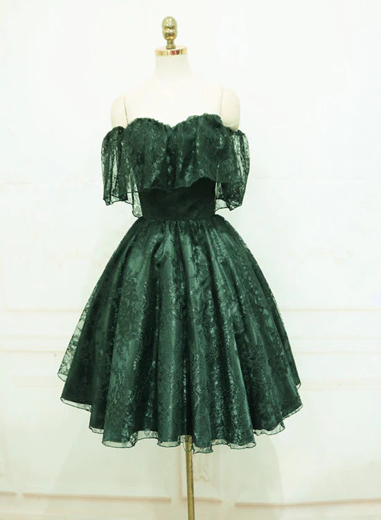 Hermoso vestido de fiesta corto con hombros descubiertos y encaje verde oscuro, vestido de bienvenida con encaje