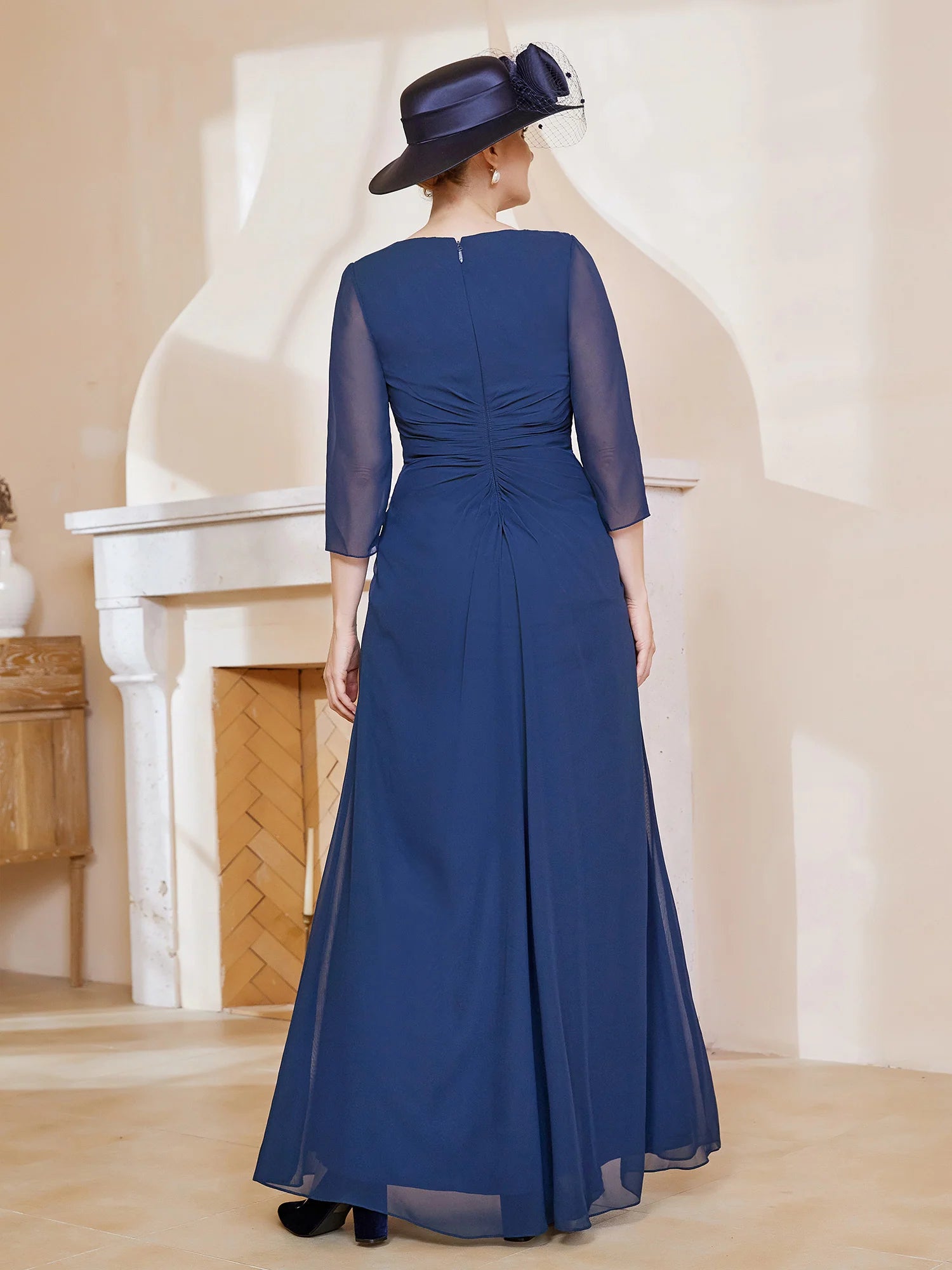 Navy Blue Chiffon A-Line V-Neck Floor-Length Evening Dress