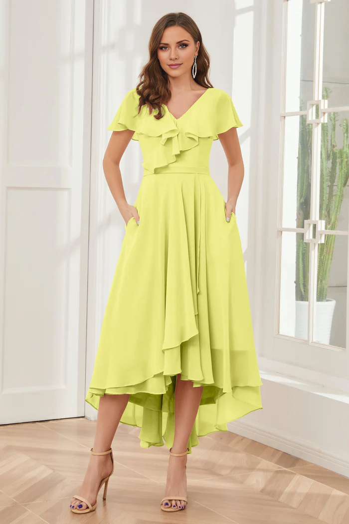 V-neck high-low short sleeved tea long bridesmaid dress