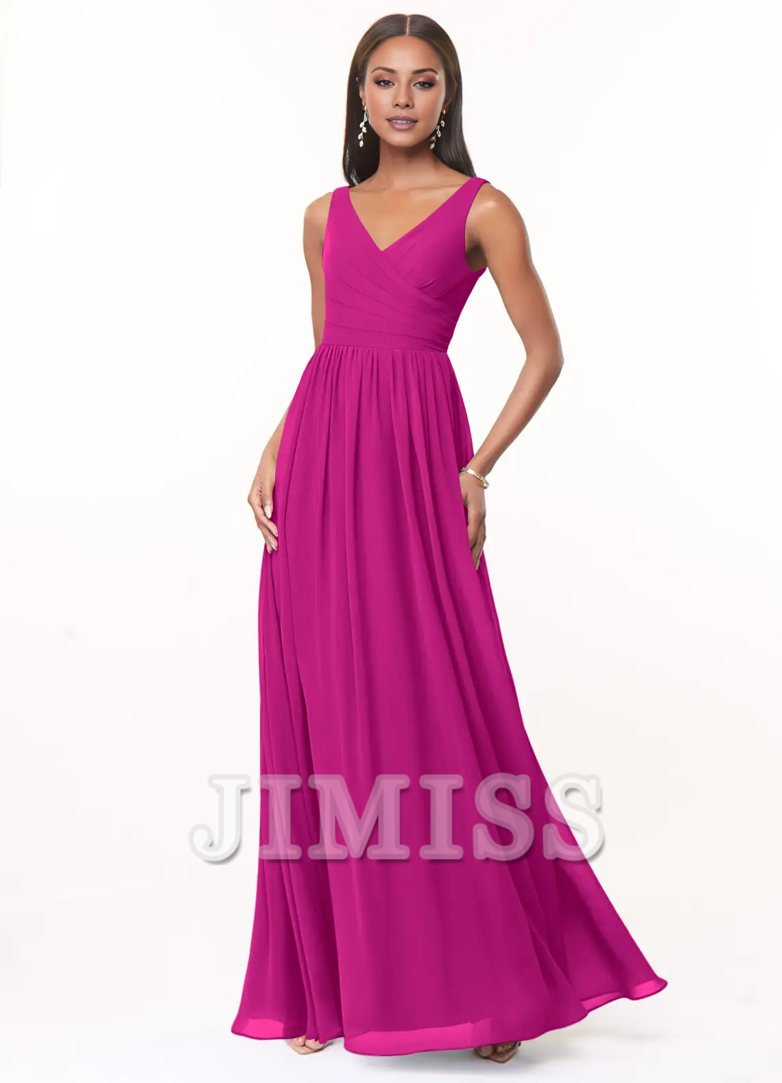 Vestido de dama de honor de gasa plisada con escote en V y corte A hasta el suelo - Vestido Jimiss 