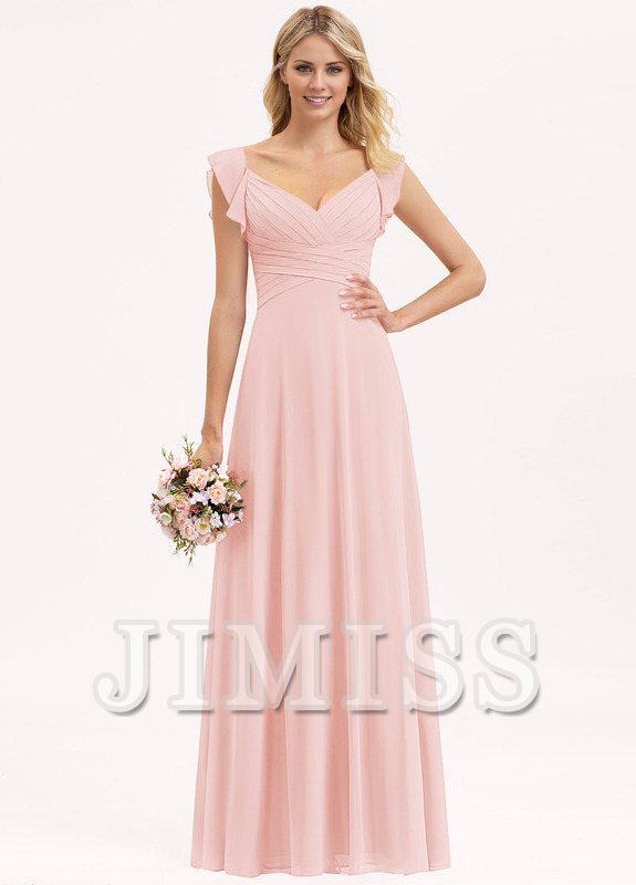 Vestido de dama de honor de gasa con escote en V estilo imperio, volantes en capas y bajo