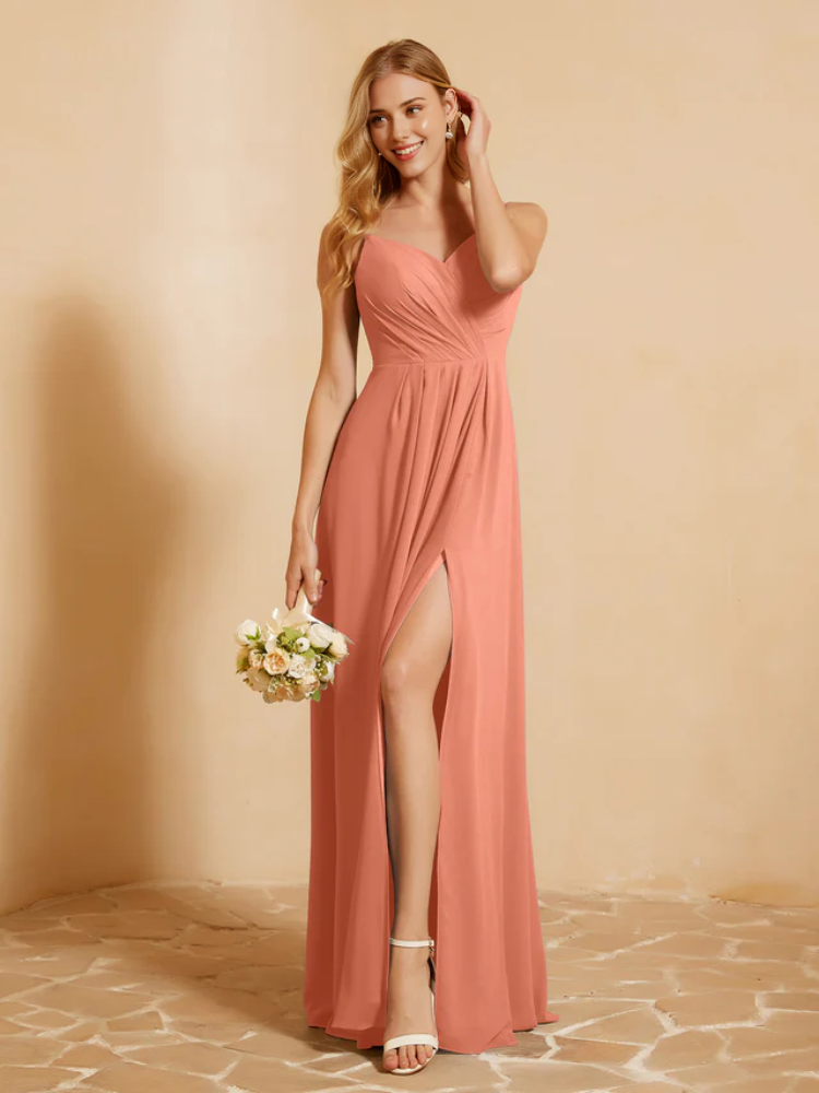 Olive Green Chiffon Sweetheart A-Line Floor-Length Bridesmaid Dress with Ruched Bodice & High Slit