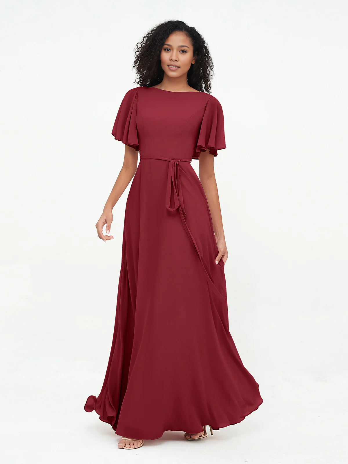 Dark Navy Chiffon A-Line Floor-Length Bridesmaid Dress with Flutter Sleeves & Tie Waist