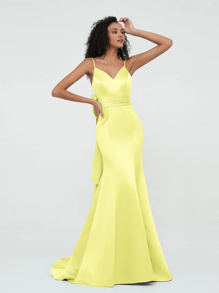 Olive Green Satin Mermaid Floor-Length Bridesmaid Dress with V-Neck & Bow