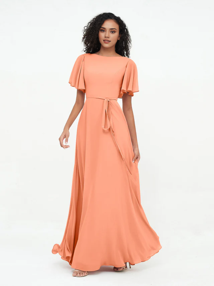 Chiffon Short-Sleeve Boat Neck Tie-Waist A-Line Floor-Length Bridesmaid Dresses