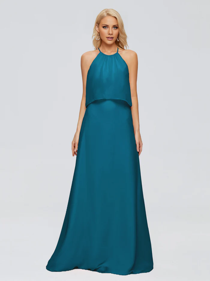 Vestido de dama de honor largo hasta el suelo en gasa con escote halter