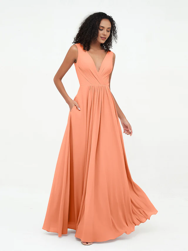 Olive Green Chiffon A-Line V-Neck Floor-Length Bridesmaid Dress with Pockets