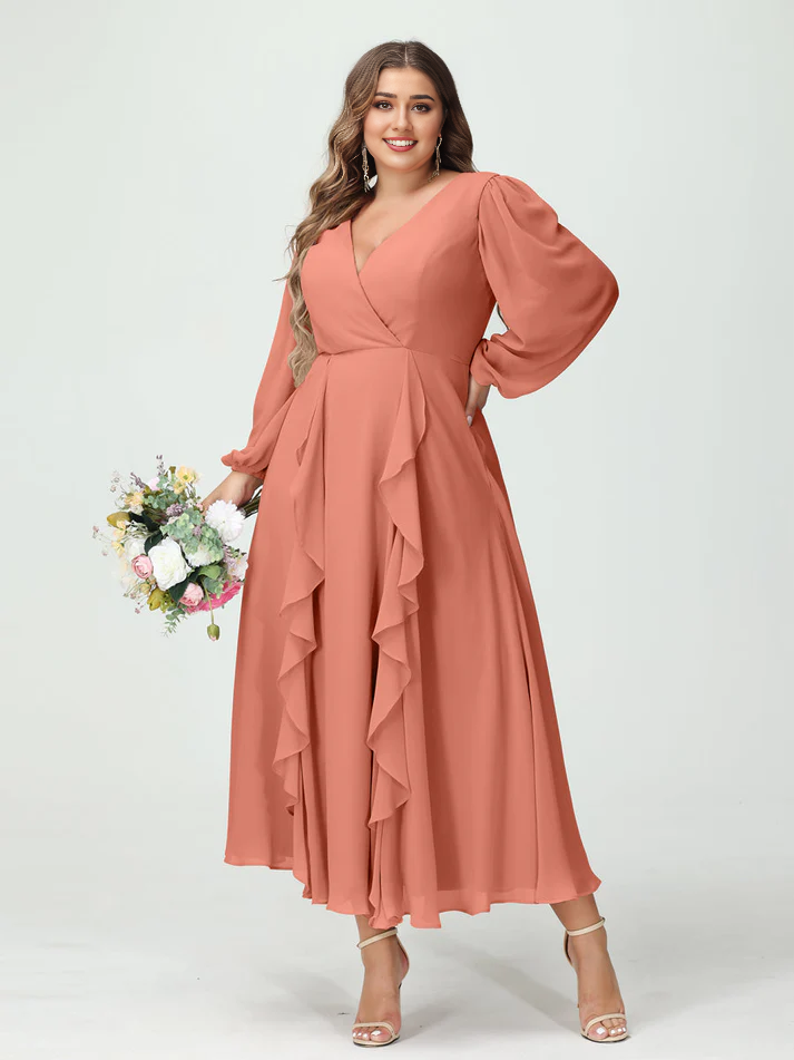 Chiffon Long-Sleeve V-Neck Ruffled Wrap Bodice High-Low A-Line Floor-Length Elegant Bridesmaid Dress