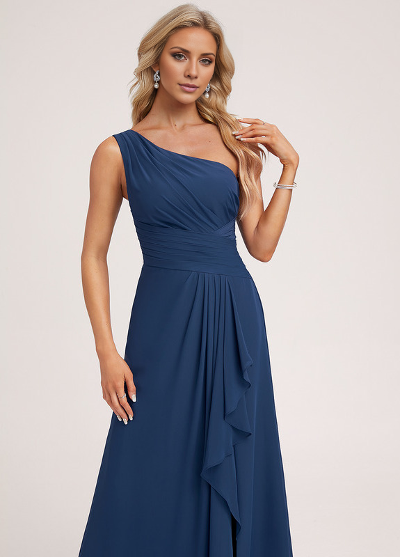 Vestido de dama de honor de gasa con volantes, corte A, un hombro al aire y largo hasta el suelo