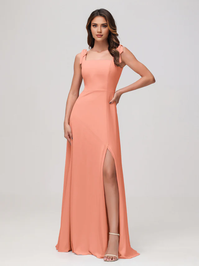 Olive Green Chiffon A-Line Floor-Length Bridesmaid Dress with Square Neck