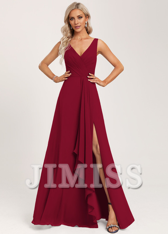 Vestido de dama de honor de gasa con volantes, escote en V y largo hasta el suelo