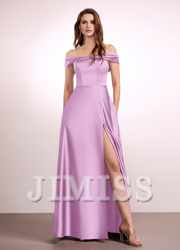 Abito da damigella d'onore in raso, a trapezio, con spalle scoperte e lunghezza al pavimento