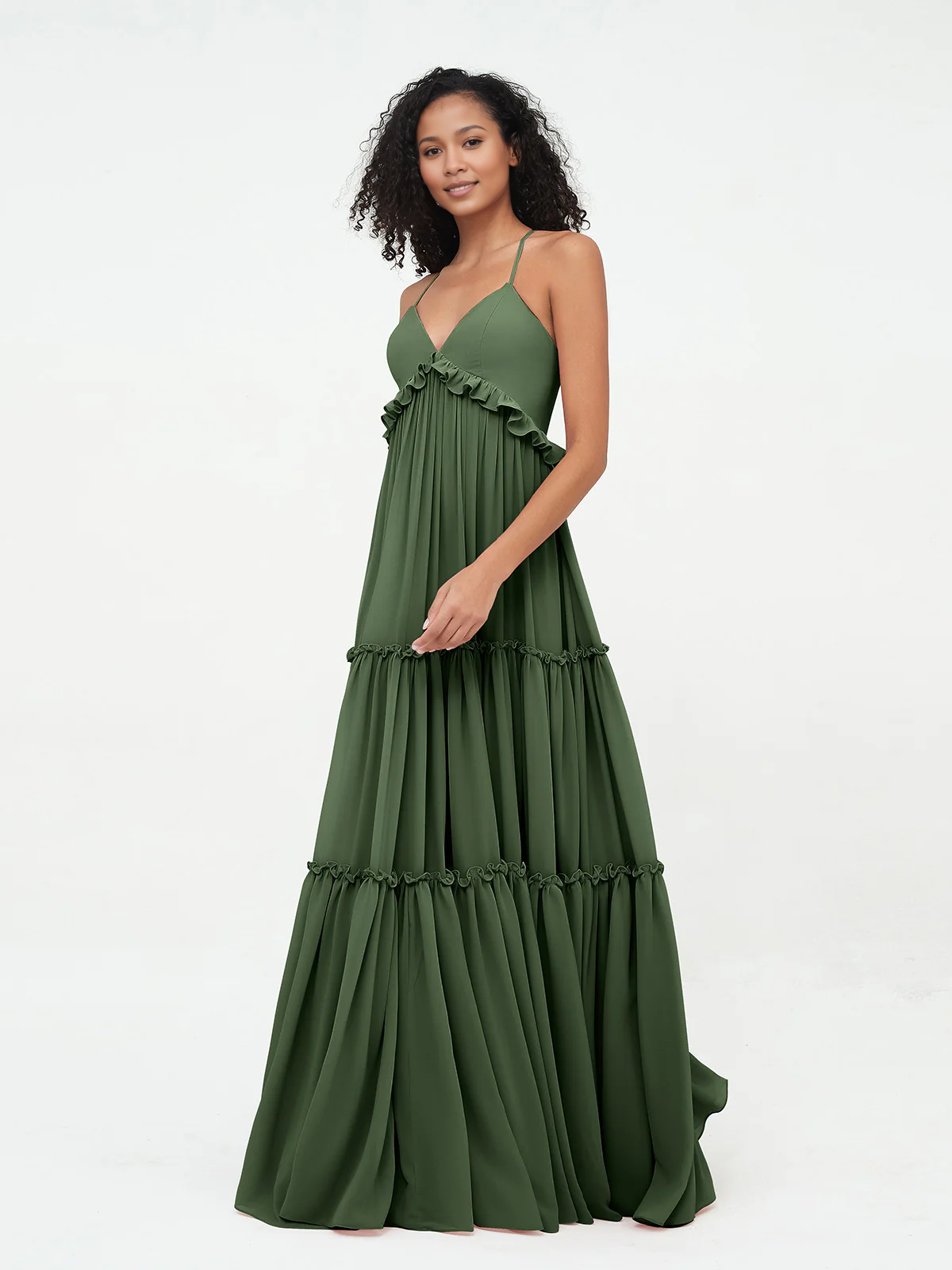 Sage Green Chiffon Tiered Floor-Length Dress with V-Neck and Ruffle Trim