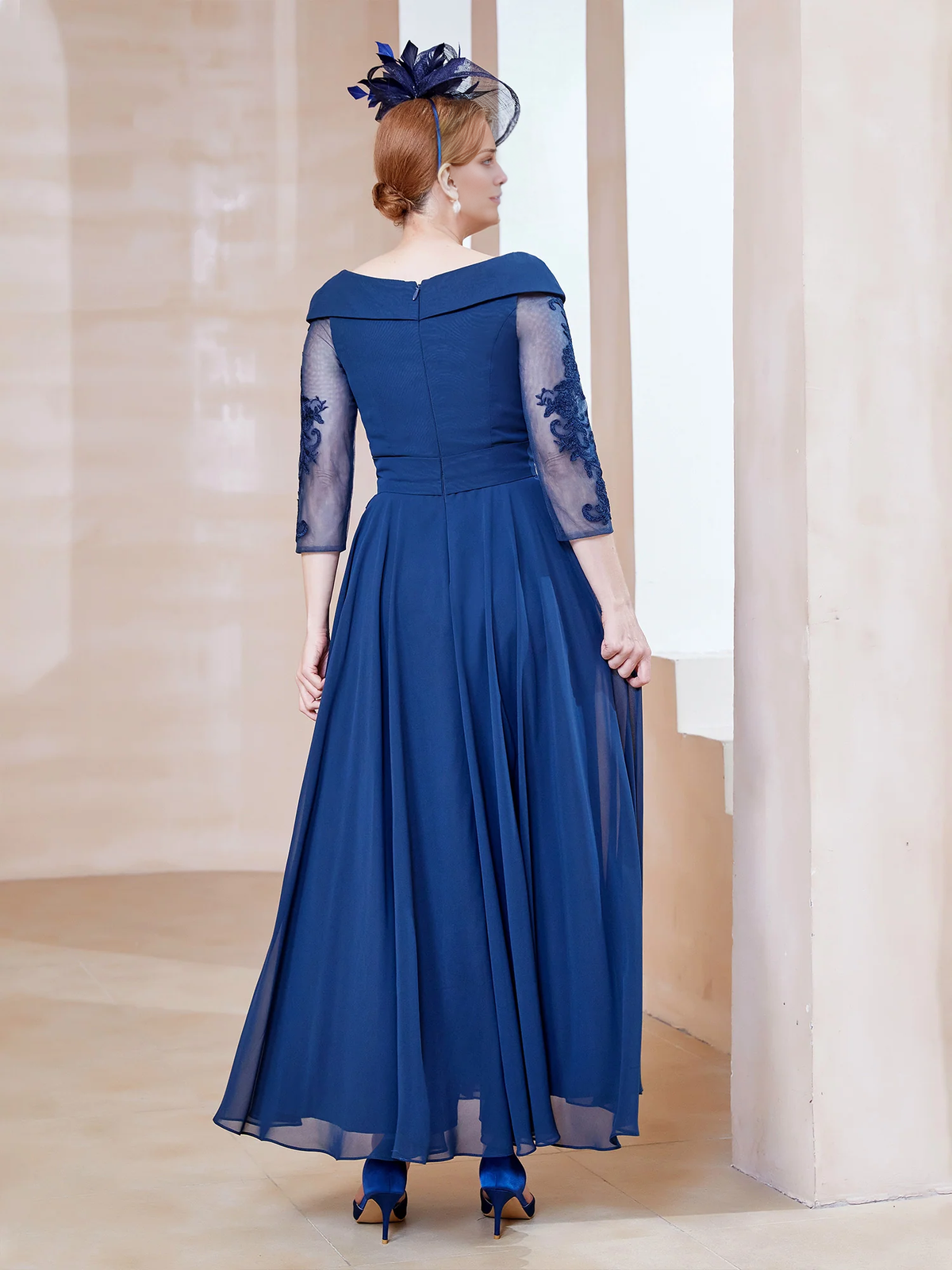 Dark Navy Chiffon A-Line Ankle-Length Off-the-Shoulder Evening Dress